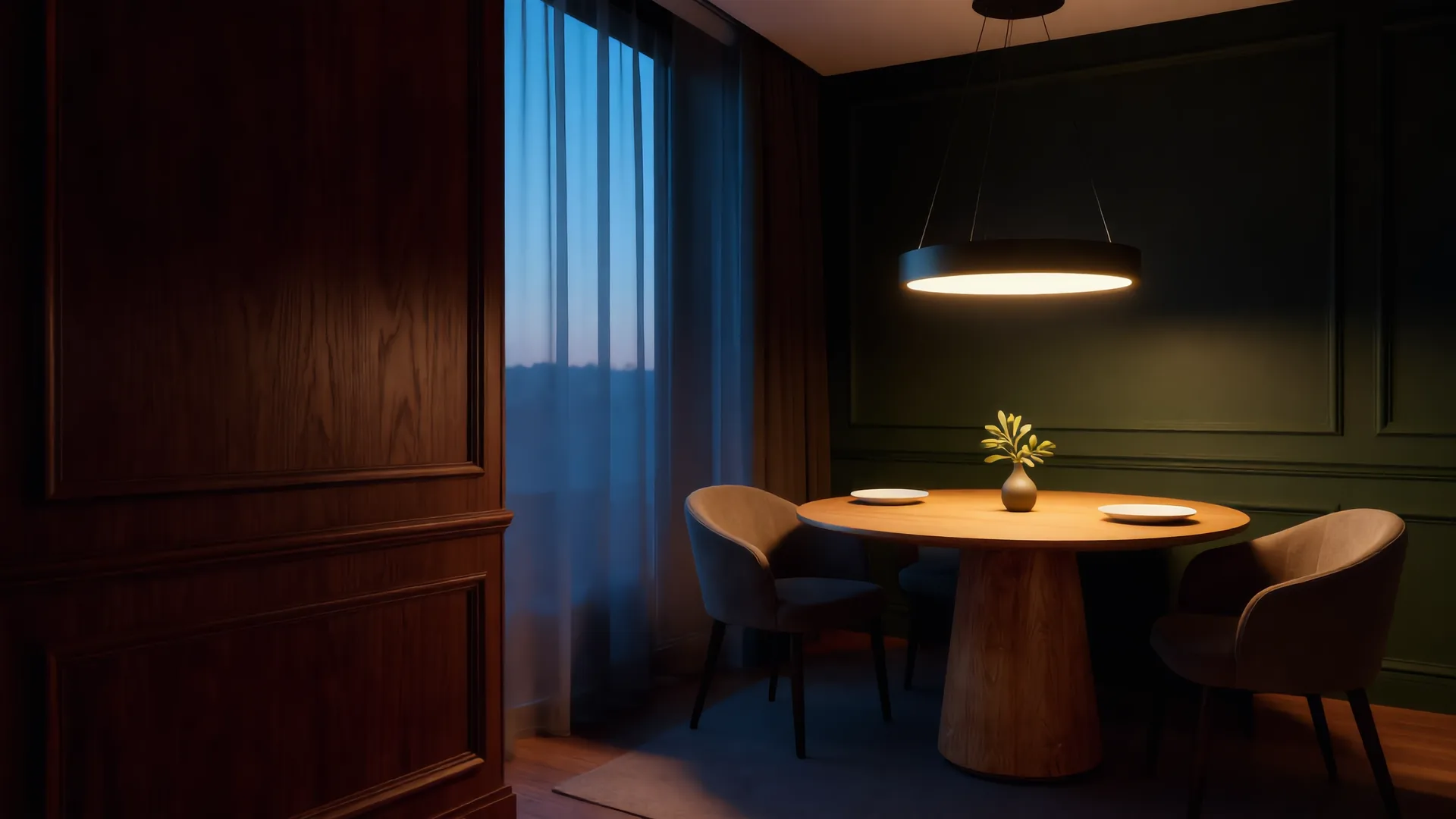 Comedor al anochecer con la lámpara colgante Lara Black de aro LED encendida sobre la mesa Sara de madera