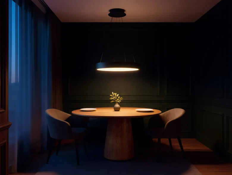 Lámpara Lara Black de aro LED encendida sobre la mesa redonda Sara en un comedor de muros verdes