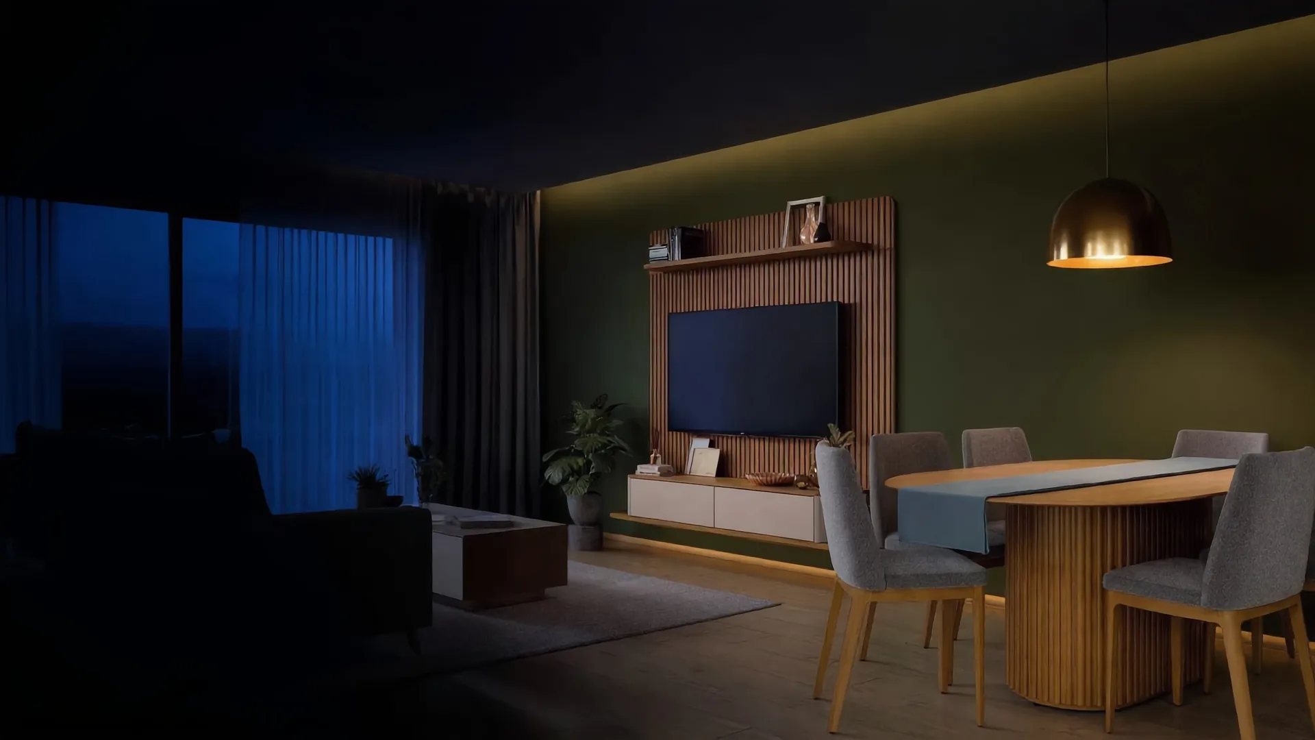 Sala comedor ambientada con el centro de TV Burnie en madera y el comedor City de mesa ovalada con sillas tapizadas