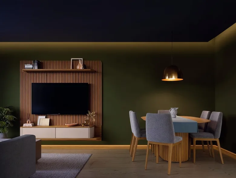 Centro de TV Burnie y comedor City de mesa ovalada en una sala comedor de muros verde oliva