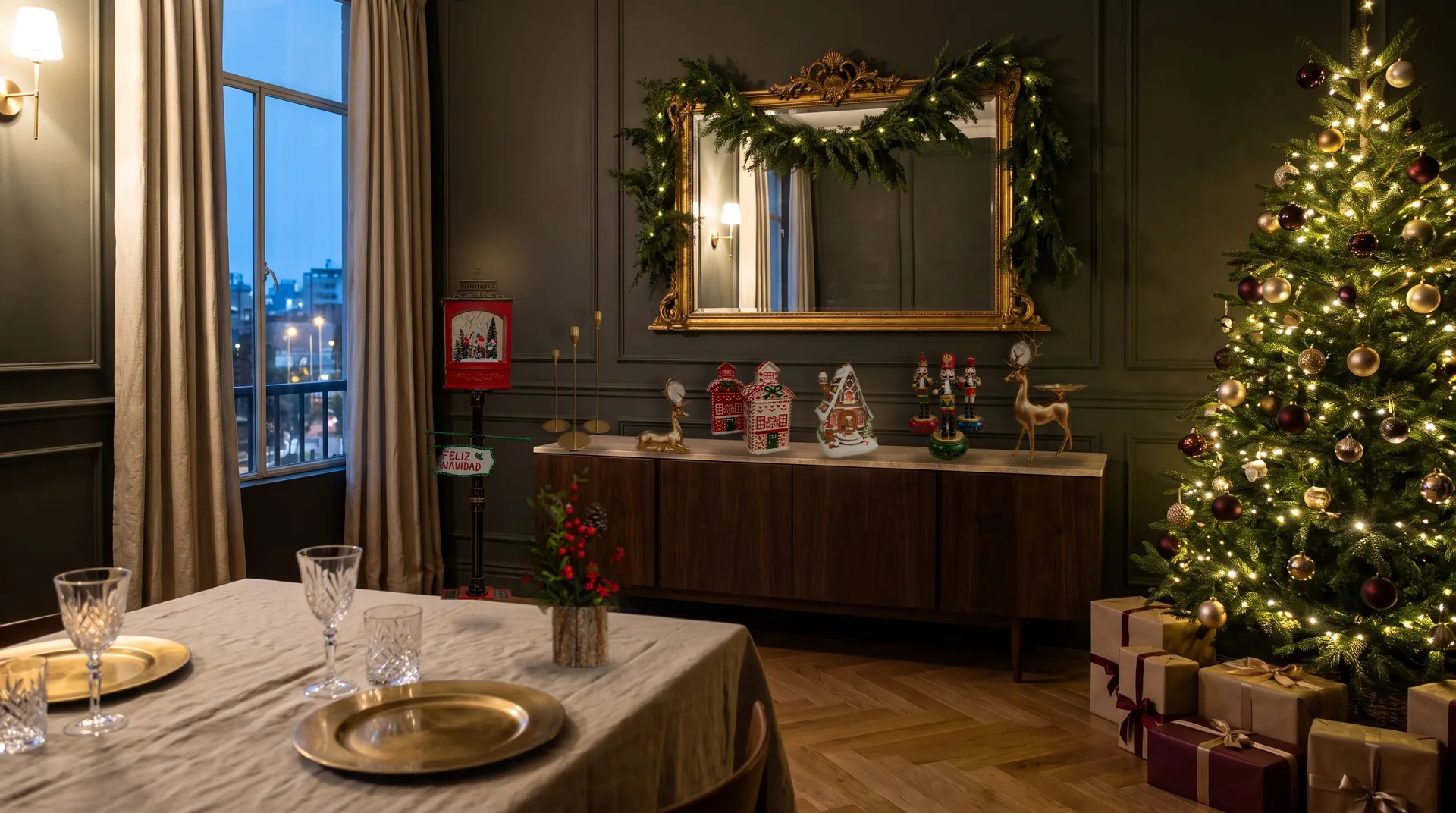 Comedor de Navidad ambientado por Giandeco con piezas reales de la colección 2026: portavelas dorados, reno recostado, bombonera casita, casa de jengibre, cascanueces musicales y reno con plato sobre el aparador; farol de 1.24 m y arreglo de pino y berries