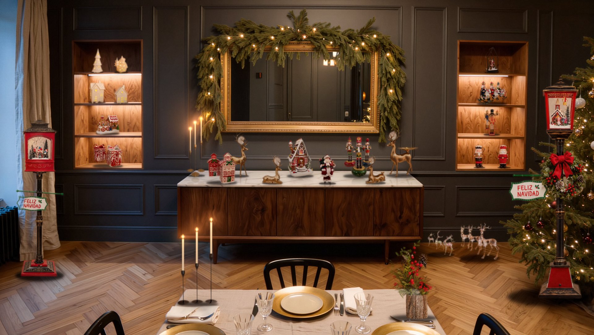 Comedor navideño ambientado por Giandeco con las 26 piezas de la colección Navidad 2026: mesa servida con arreglo de pino y berries, portavelas, renos dorados y taza cascanuez; chimenea con casitas, árbol y muñeco de nieve de porcelana iluminados; aparador con cascanueces, casa de jengibre, Papá Noel y bomboneras; repisa con tren de jengibre y cascanueces; faroles y venados transparentes junto al árbol