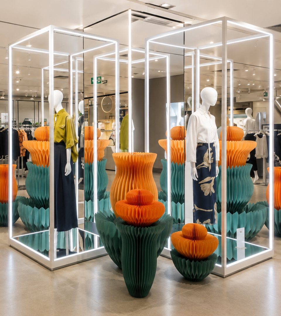 Vitrina con maniquíes y estructuras de exhibición iluminadas