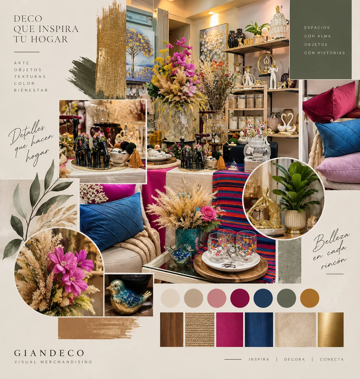 Tablero de diseño del bazar Ferrehome: arreglos florales, cojines de terciopelo, figuras doradas, textiles de colores y paleta en crema, borgoña, azul y dorado