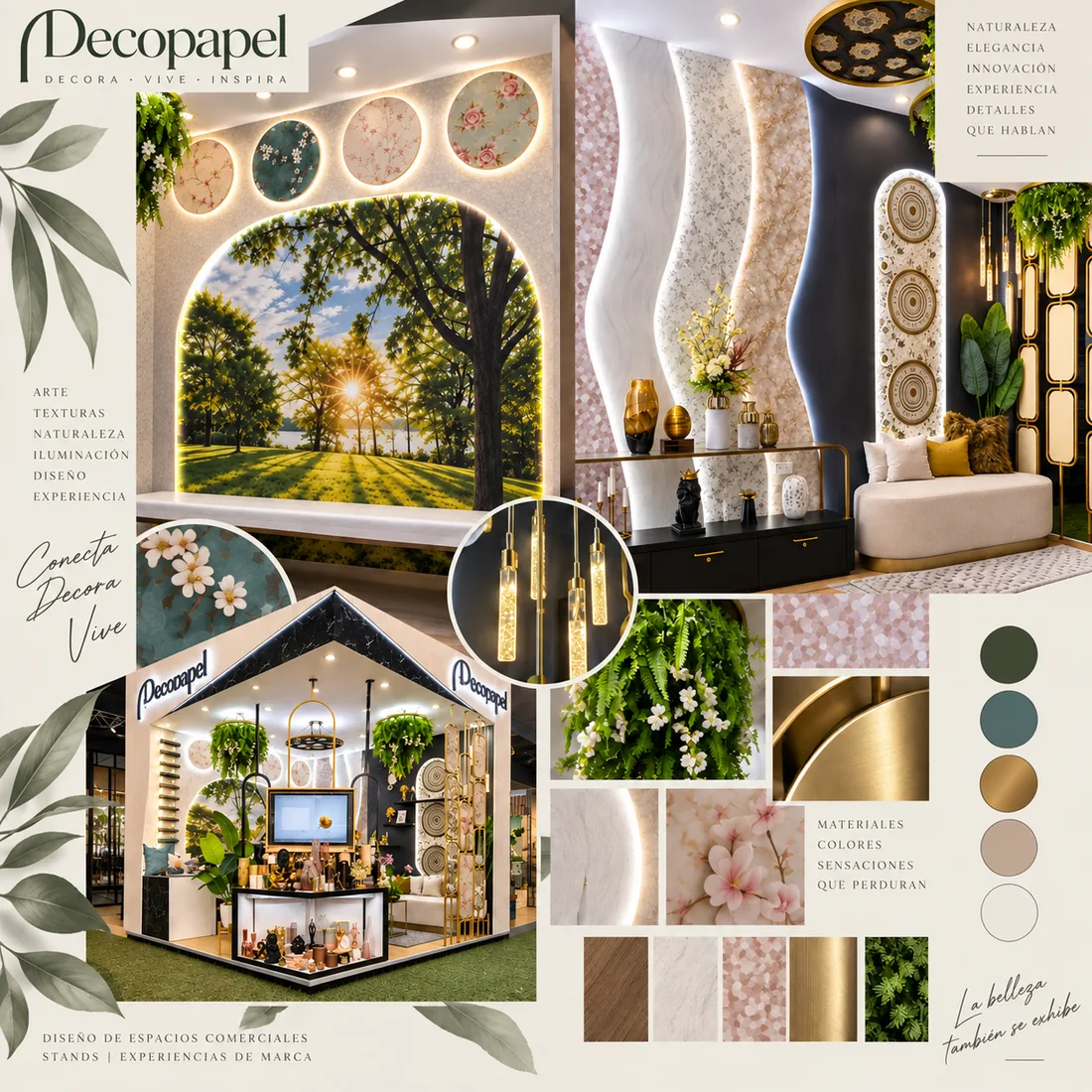 Tablero de diseño del stand Decopapel: murales vegetales iluminados, paneles ondulados, lámparas de cristal y paleta de materiales en verde, rosa y latón