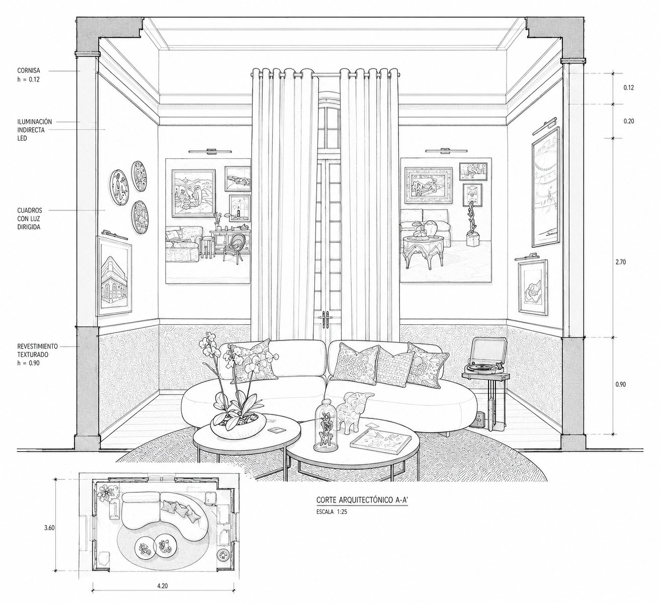 Corte arquitectónico con metrado de un proyecto de interiorismo