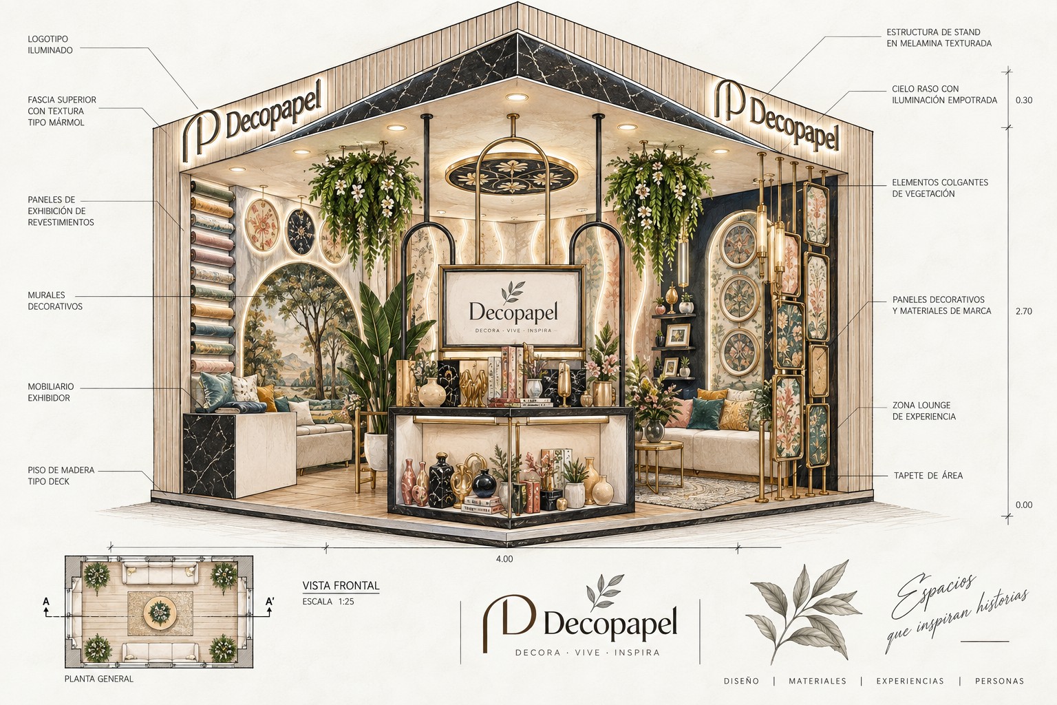 Render en acuarela del stand Decopapel