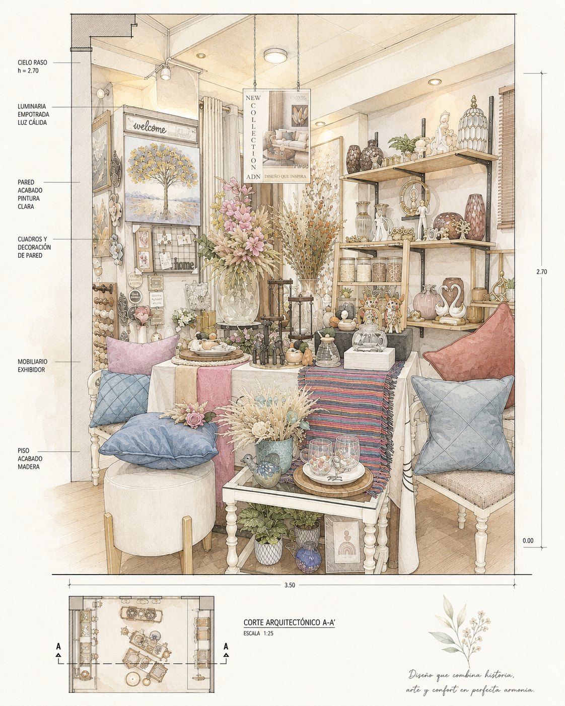 Render de aprobación en color de una zona de tienda