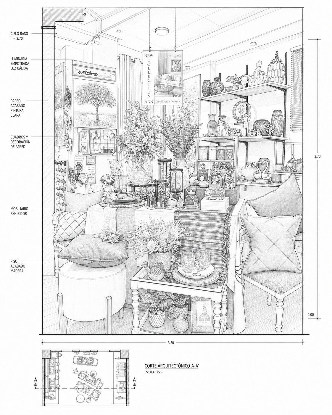 Corte arquitectónico con metrado y materiales de una zona de tienda
