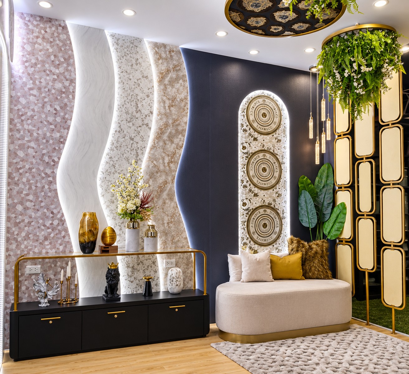 Detalle del stand Decopapel en Expodeco 2024, con paneles de revestimiento ondulados y consola dorada