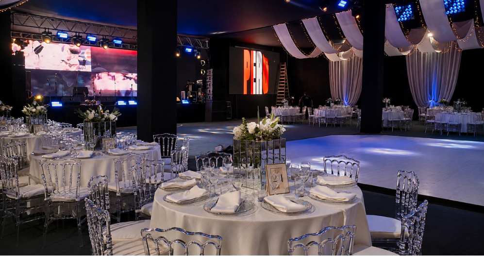 Salón de banquete con drapeado en el techo, luces cálidas y mesas servidas