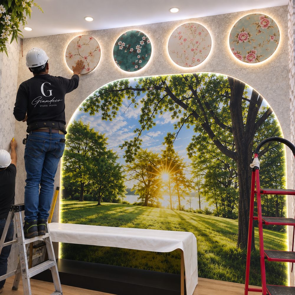 Instalación de papel mural y vinilo en obra